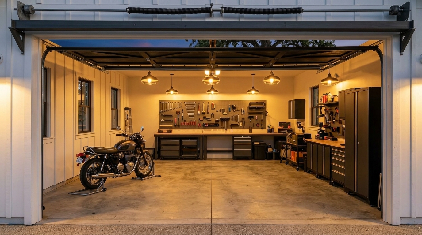 Galt Garage Door Repair Interior View of Custom Garage Door Overhead and Workshop